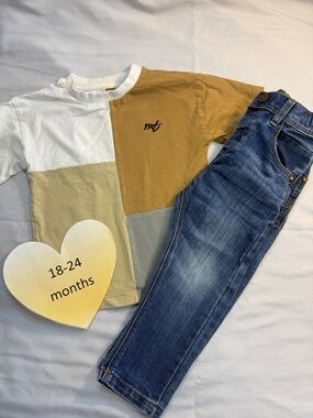 Next - Toddler 2 piece set - Gray and Tan Set shirt and denim jeans